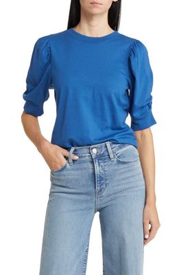 FRAME Frankie Puff Sleeve Organic Cotton Knit Top in Slate Blue