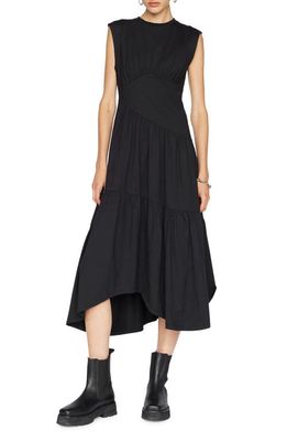 FRAME Gathered Seam Organic Cotton A-Line Midi Dress in Noir