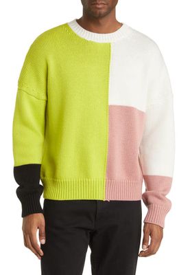 FRAME Gender Inclusive Colorblock Merino Wool Sweater in Flash Lime Multi