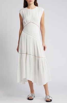FRAME Lace Inset Handkerchief Hem Linen Blend Midi Dress in White