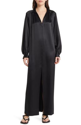 FRAME Long Sleeve Silk Caftan Maxi Dress in Noir