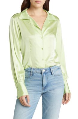 FRAME Notched Collar Stretch Silk Satin Shirt in Bright Lime
