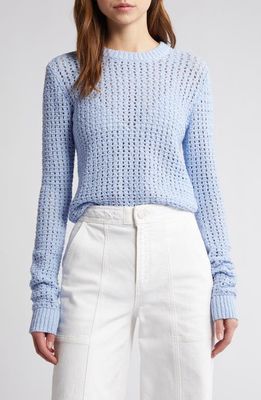 FRAME Open Stitch Cotton Crewneck Sweater in Light Blue