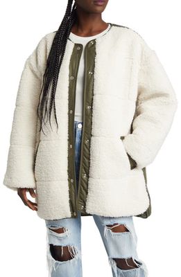 FRAME Oversized Mixed Media Faux Shearling Jacket in Cream Multi
