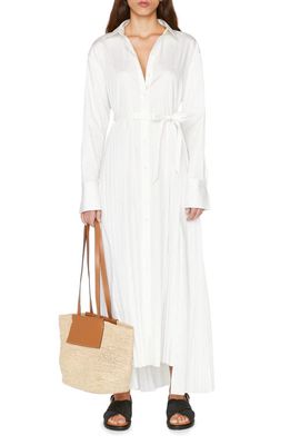 FRAME Pleated High-Low Stretch Cotton Shirtdress in Blanc