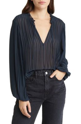 FRAME Pleated Tie Neck Blouse in Navy
