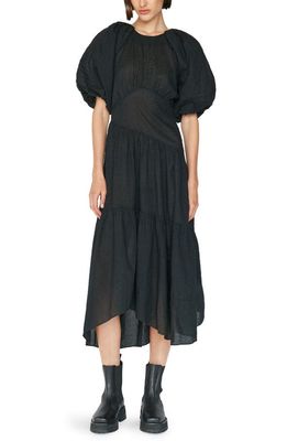 FRAME Puff Sleeve Cotton Seersucker Tiered Dress in Noir