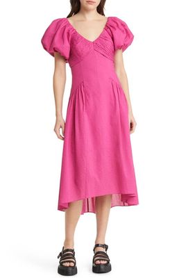 FRAME Puff Sleeve High-Low Cotton Dress in Fuchsia