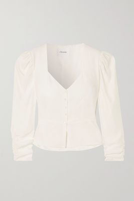 FRAME - Ruched Silk Peplum Top - Off-white