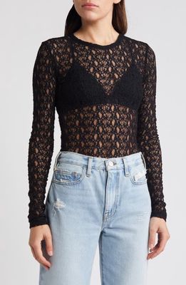 FRAME Sheer Stretch Lace Top in Black at Nordstrom, Size Large