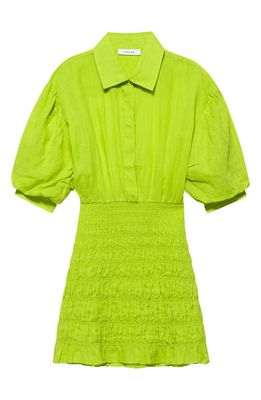 FRAME Shirred Puff Sleeve Ramie Shirtdress in Flash Lime