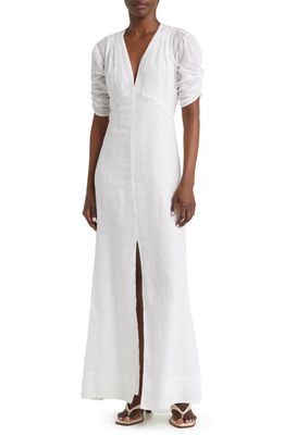 FRAME Shirred Ramie Maxi Dress in Blanc