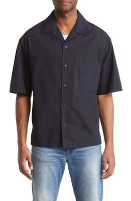 FRAME Solid Cotton & Linen Short Sleeve Button-Up Shirt in Navy