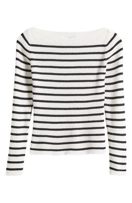 FRAME Stripe Boat Neck Cashmere & Silk Rib Sweater in Black/white Multi