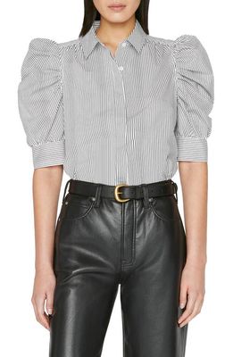 FRAME Stripe Puff Sleeve Organic Cotton Button-Up Shirt in Noir Multi