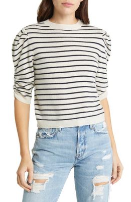 FRAME Stripe Ruched Sleeve Cashmere Sweater in Off White Multi
