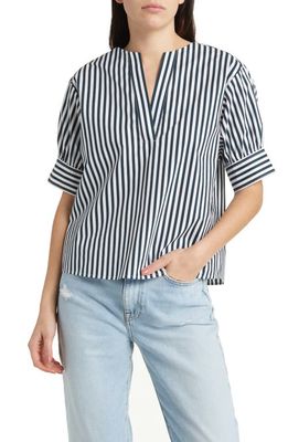 FRAME Stripe Split Neck Organic Cotton Popover Top in Navy Multi