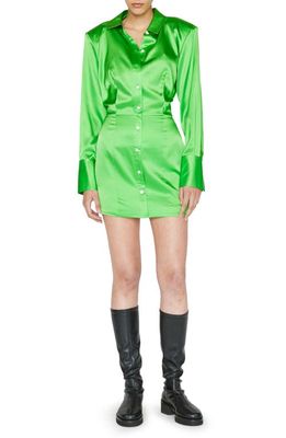 FRAME Strong Shoulder Long Sleeve Stretch Silk Minidress in Bright Peridot