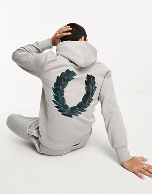 Fred Perry 3D graphic back print hoodie in limestone gray