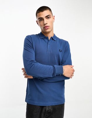 Fred Perry plain long sleeve polo shirt in midnight blue