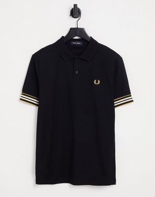 Fred Perry stripe cuff polo shirt in black