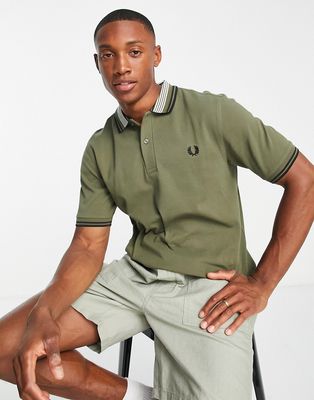 Fred Perry striped collar polo shirt in khaki-Green