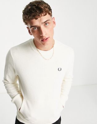 Fred Perry towelling crew neck sweatshirt in cream-White