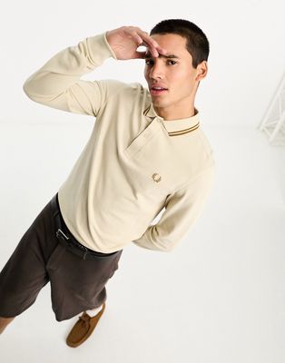 Fred Perry twin tipped long sleeve polo shirt in oatmeal-Neutral