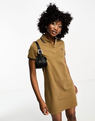 Fred Perry twin tipped polo shirt dress in shaded beige-Neutral