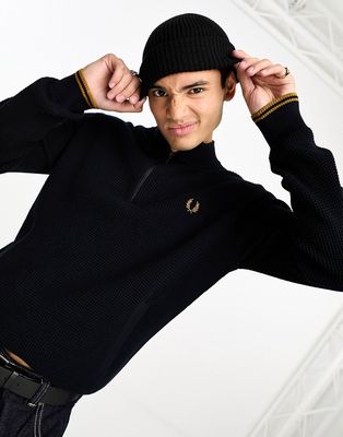 Fred Perry waffle stitch half zip sweater in navy
