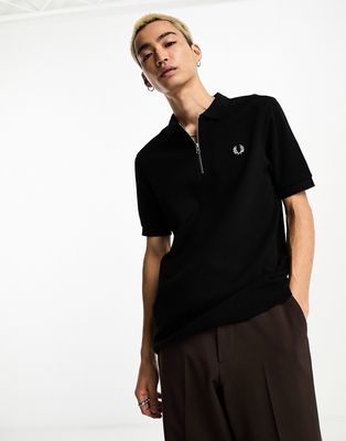 Fred Perry waffle texture zip up polo shirt in black