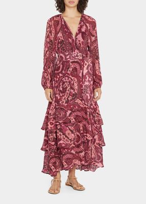 Frederica Paisley-Print Tiered Ruffle Belted Dress