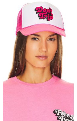 Free & Easy Don't Trip Embroidered Trucker Hat in Pink.