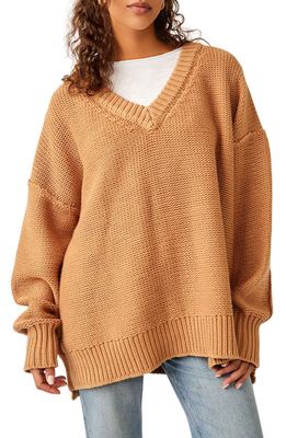 Free People Alli V-Neck Sweater in Camel