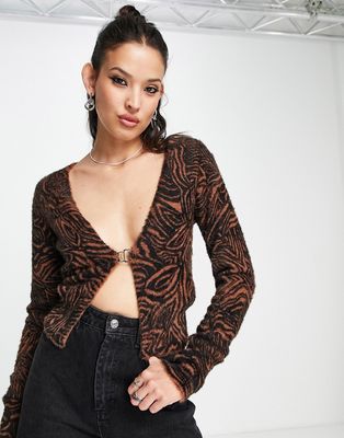 Free People animal print fluffy cropped cardigan in amber-Brown