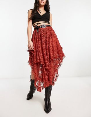 Free People asymmetric lace midi skirt in rust-Brown