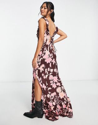 Free People bloom floral print floaty maxi slip dress in chocolate and pink-Multi