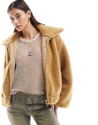 Free People borg fluffy bomber jacket in tan-Neutral