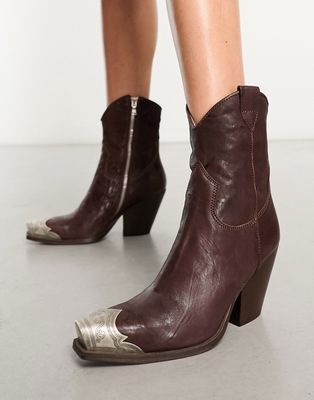Free People brayden leather toe-cap detail cowboy ankle boots in hot fudge-Brown