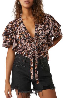 Free People Call Me Later Print Tie Neck Bodysuit in Black Combo