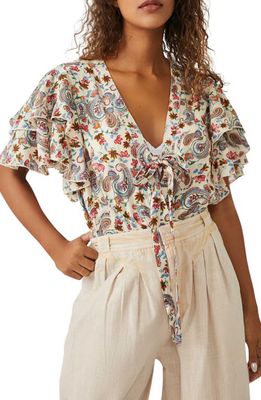 Free People Call Me Later Print Tie Neck Bodysuit in Sweet Combo