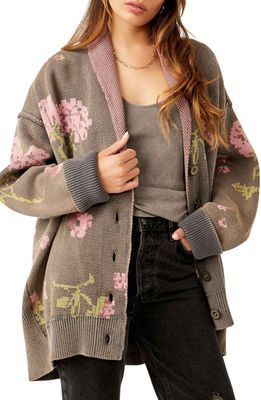 Free People Chamomile Pattern Longline Cotton Cardigan in Pink And Grey Combo