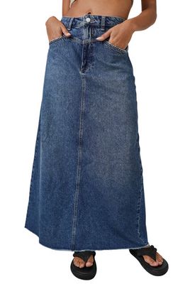 Free People Come As You Are Fray Hem Denim Maxi Skirt in Dark Indigo
