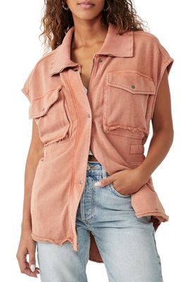 Free People Coza Distressed Cotton Zip-Up Utility Vest in Cinnaber