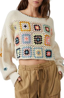 Free People Dahlia Crochet Front Pullover Rib Sweater in Antique Pearl Combo