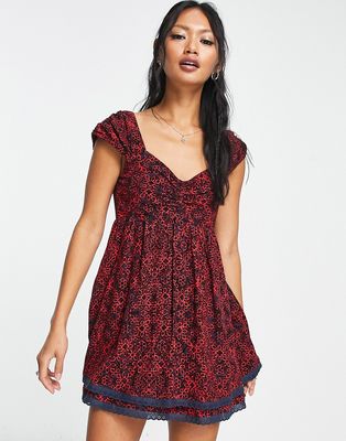 Free People ditsy floral print mini smock dress in black and red