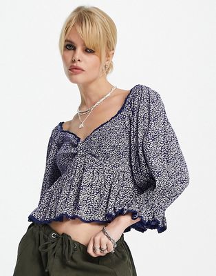 Free People ditsy print crop blouse in blue