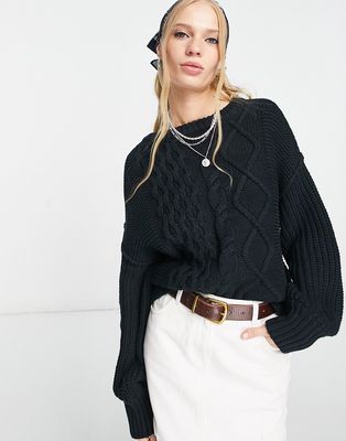 Free People Dream cable crew neck sweater in black