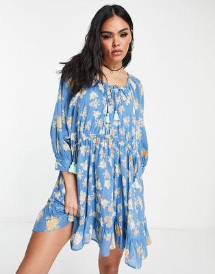 Free People floral print mini smock dress in river blue