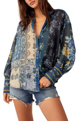 Free People Flower Patch Mixed Print Cotton Button-Up Shirt in Indigo Combo